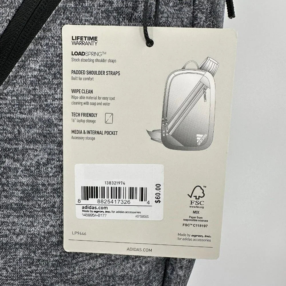 adidas Prime Sling Backpack Heather Gray Large School Bag Fits Laptop/Tablet Boy